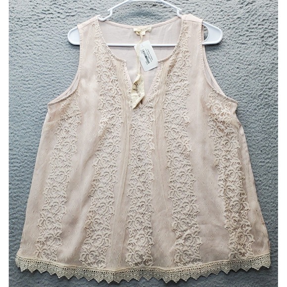 Mystree Tops - Mystree Blouse Tops Womens L Tan‎ Lined Blush Lace Cowboy Outfitters Sleeveless